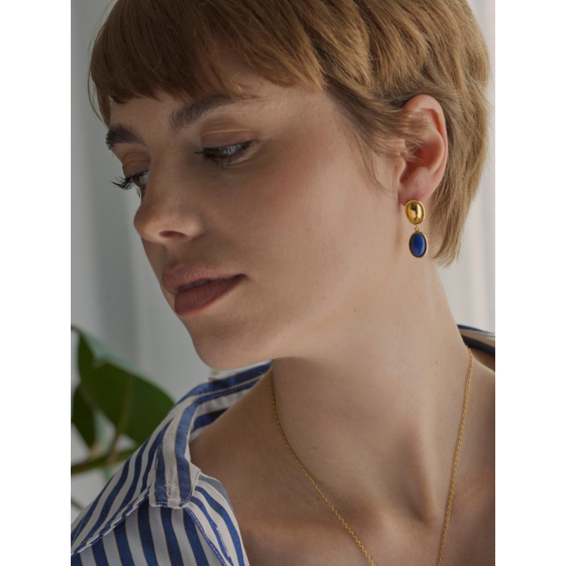 BRINCOS AÇO SENHORA ELEMENT LONG BLUE GOLD OJSE03D