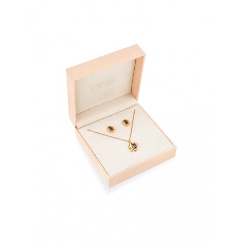 SET COLAR & BRINCO AÇO BIRTHSTONE FEBRUARY OJSET24G02