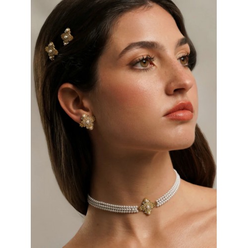 SET COLAR & BRINCOS AÇO OPHELIA PEARLS GOLD OJSET25G