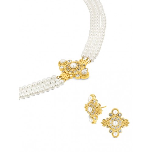 SET COLAR & BRINCOS AÇO OPHELIA PEARLS GOLD OJSET25G