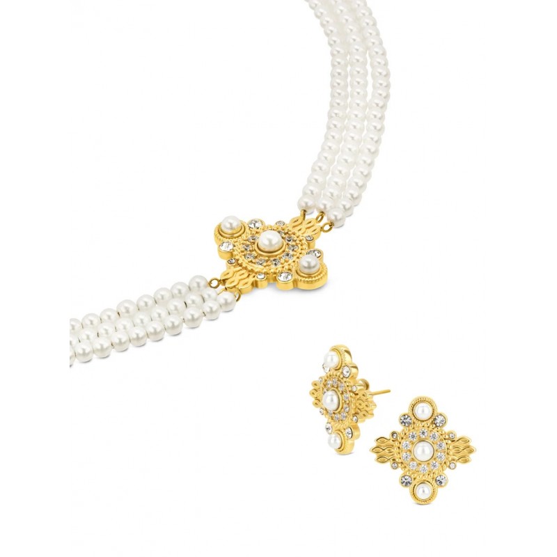 SET COLAR & BRINCOS AÇO OPHELIA PEARLS GOLD OJSET25G