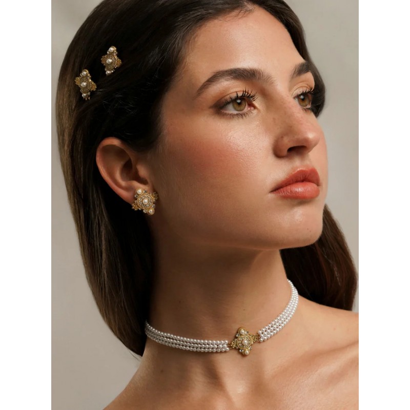 SET COLAR & BRINCOS AÇO OPHELIA PEARLS GOLD OJSET25G
