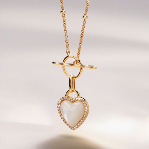COLAR PRATA HEART MOTHER OF PEARL GOLD UK.CL.1204.0282